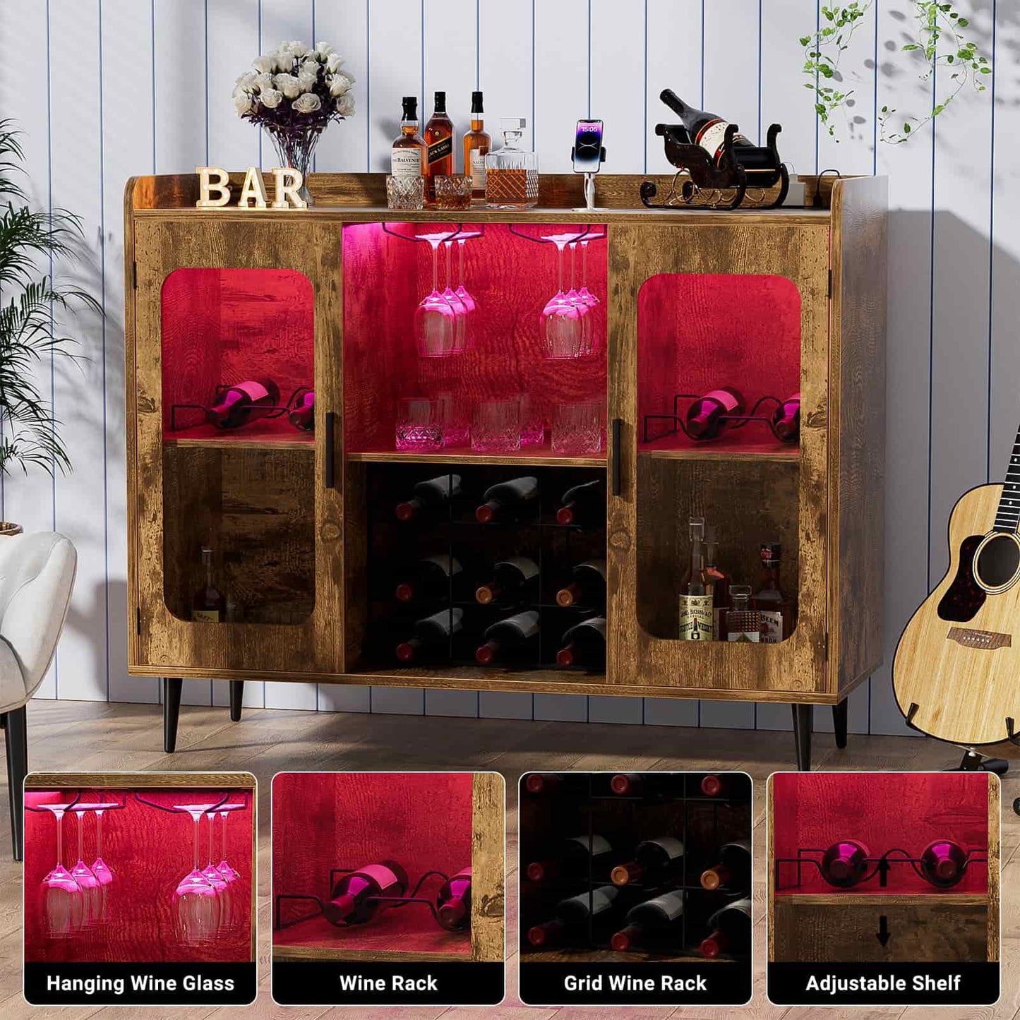 Assembled Wine Bar Cabinet with Power Outlet and LED Lights