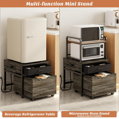 Mini Fridge Stand with Drawer Storage & Sockets, Heavy Duty Mini Refrigerator table with Rolling Cabinet