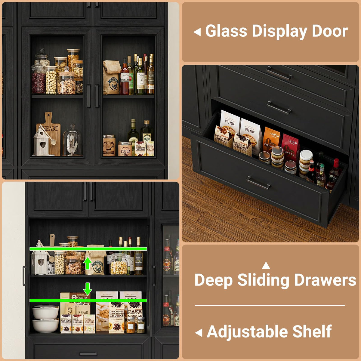 80" Tall Modular Bookshelf and Storage Cabinet Set with Glass Doors and Drawers