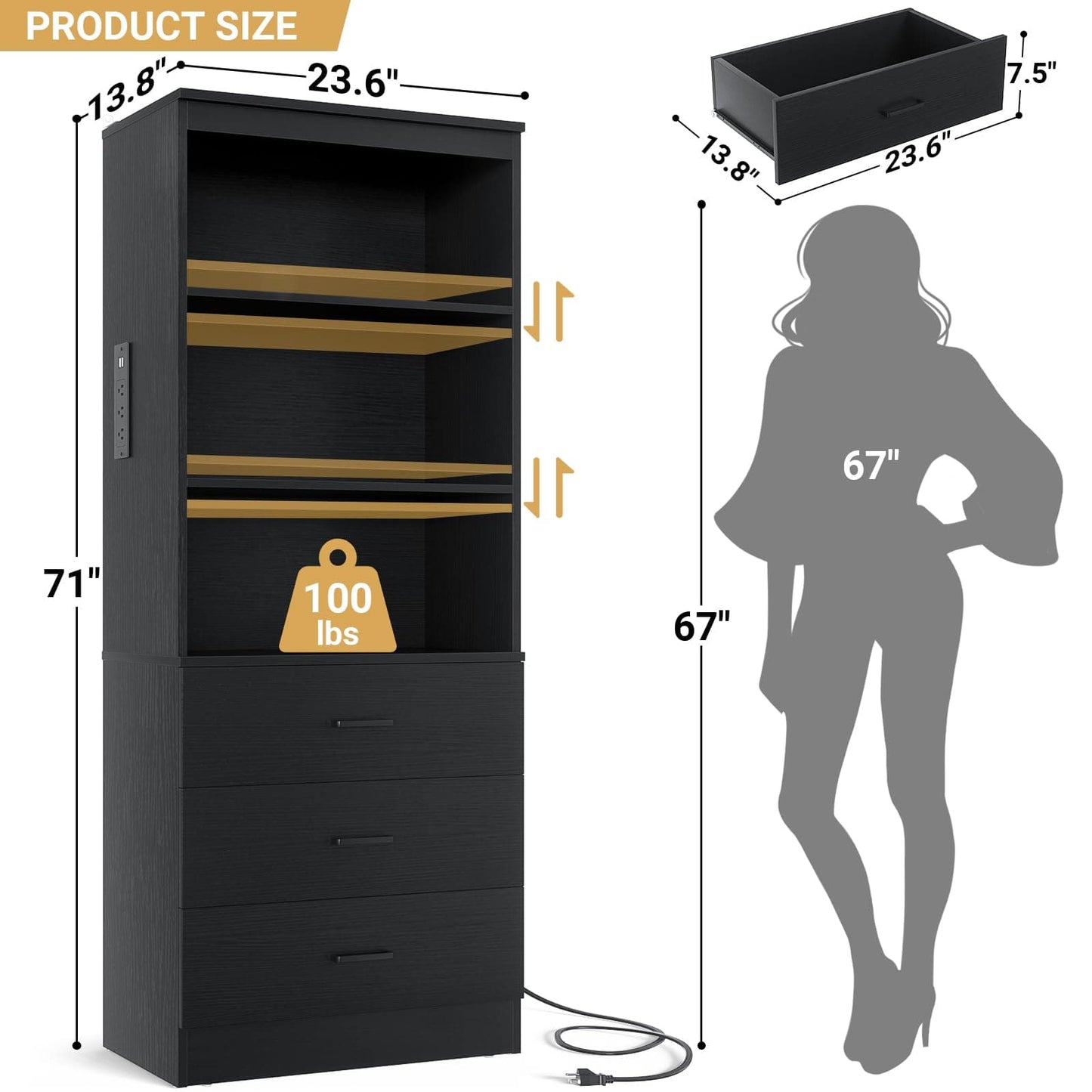 71" Tall Bookcases with 3 Large Drawers & 3 Shelves, Wooden Bookshelf for Living Room Offic