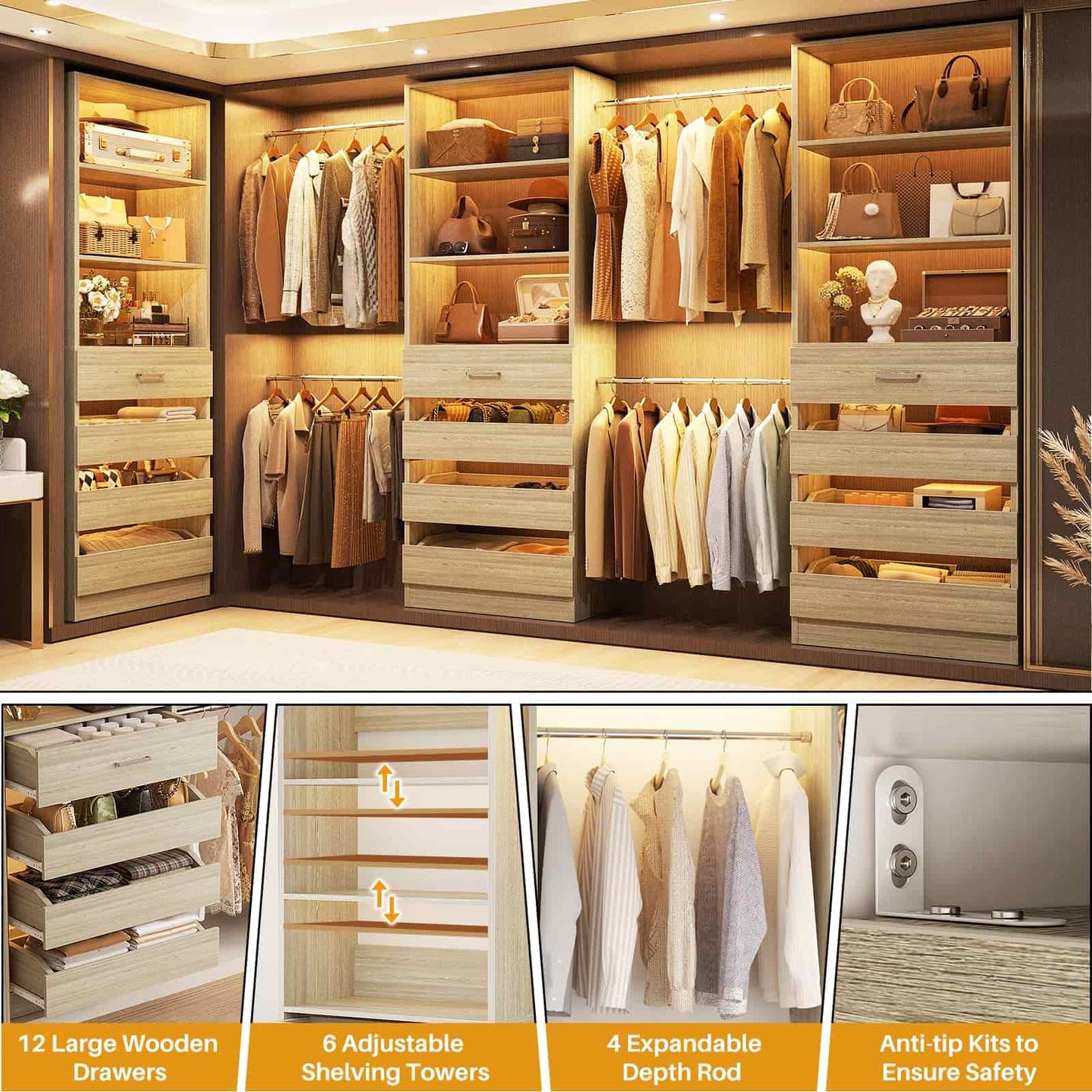 12-Drawer Customizable L-Shaped Closet System
