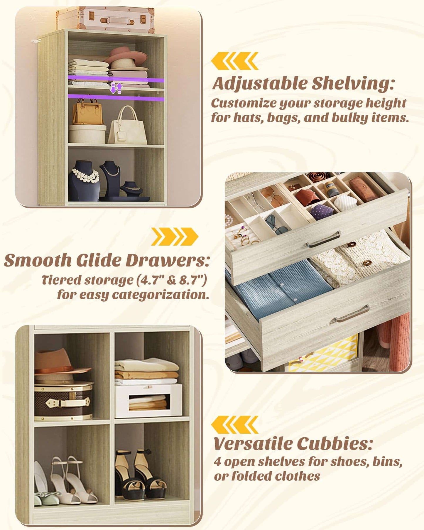 22" Floor-Standing Closet System, Multi-Tiered Wardrobe Storage Unit with Adjustable Shelves & Smooth-Glide Drawers
