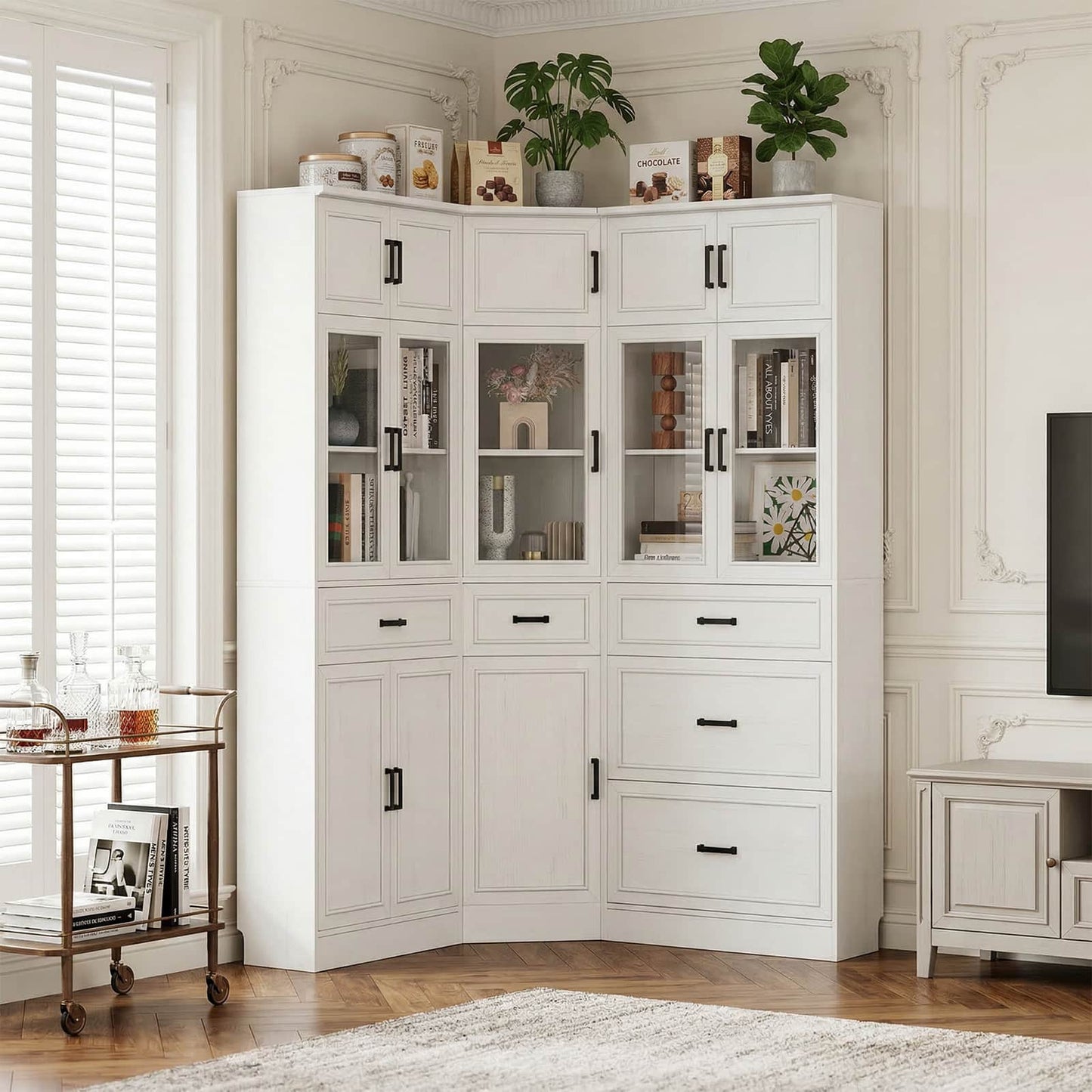 80" Farmhouse Corner Cabinet + Freestanding Pantry Set with Adjustable Shelves, Tempered Glass Doors, Versatile Storage