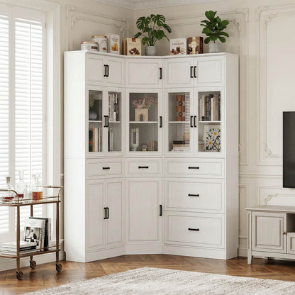 80" Farmhouse Corner Cabinet + Freestanding Pantry Set with Adjustable Shelves, Tempered Glass Doors, Versatile Storage