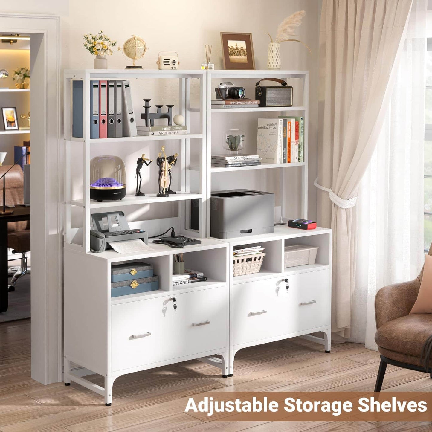 2-Pack Vertical File Cabinet with Shelves, Charging Station, Lock, Large Drawer & Printer Stand