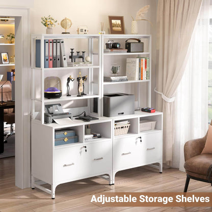 2-Pack Vertical File Cabinet with Shelves, Charging Station, Lock, Large Drawer & Printer Stand