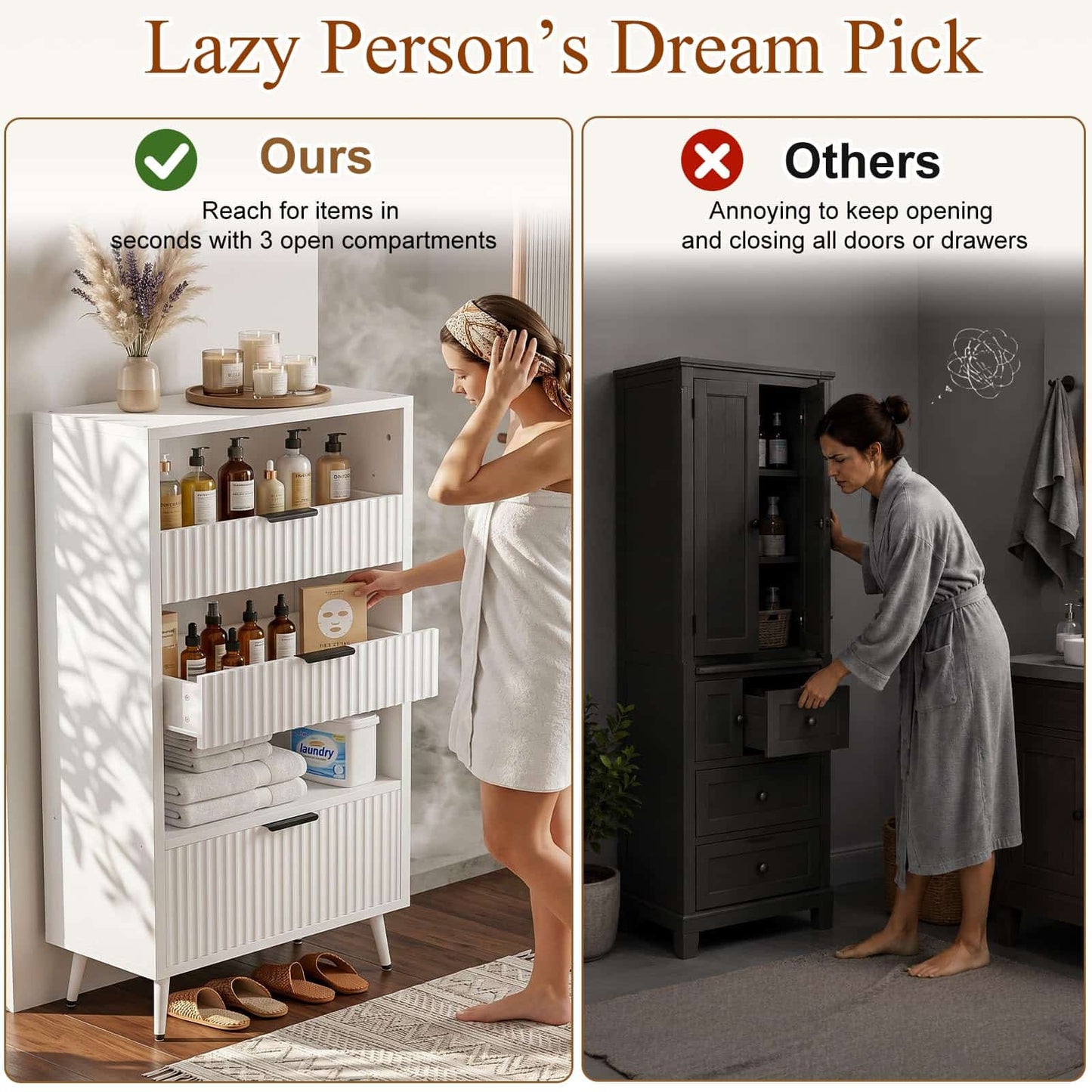 Modern Fluted Storage Cabinet, 51.2" Tall Freestanding Organizer with 3 Drawers & Open Shelf, Versatile Pantry Cabinet for Bathroom, Kitchen, Entryway - Narrow Design for Small Spaces