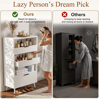 Modern Fluted Storage Cabinet, 51.2" Tall Freestanding Organizer with 3 Drawers & Open Shelf, Versatile Pantry Cabinet for Bathroom, Kitchen, Entryway - Narrow Design for Small Spaces