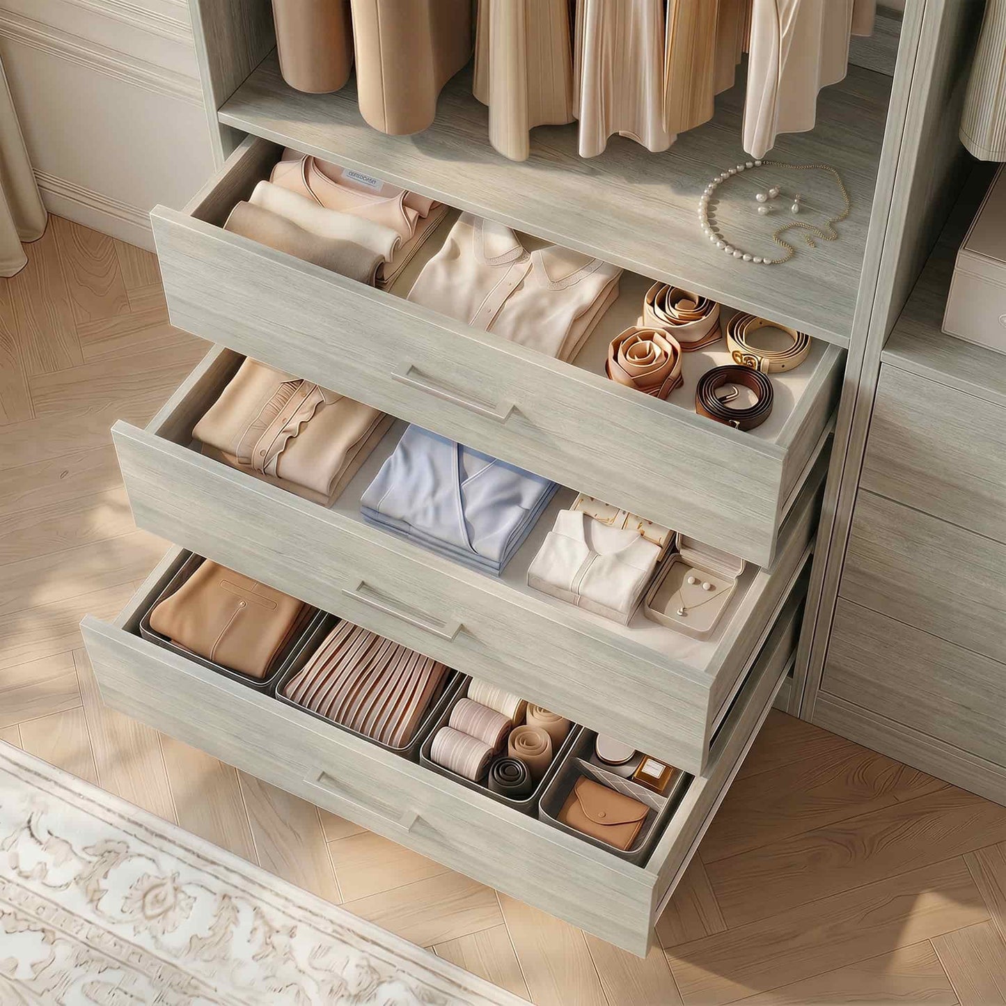 Freestanding Closet System Set - 3-Pack with 3 Wood Drawers Each,With Hanging Rod & Shelves, 24"L x 15"W x 80"H