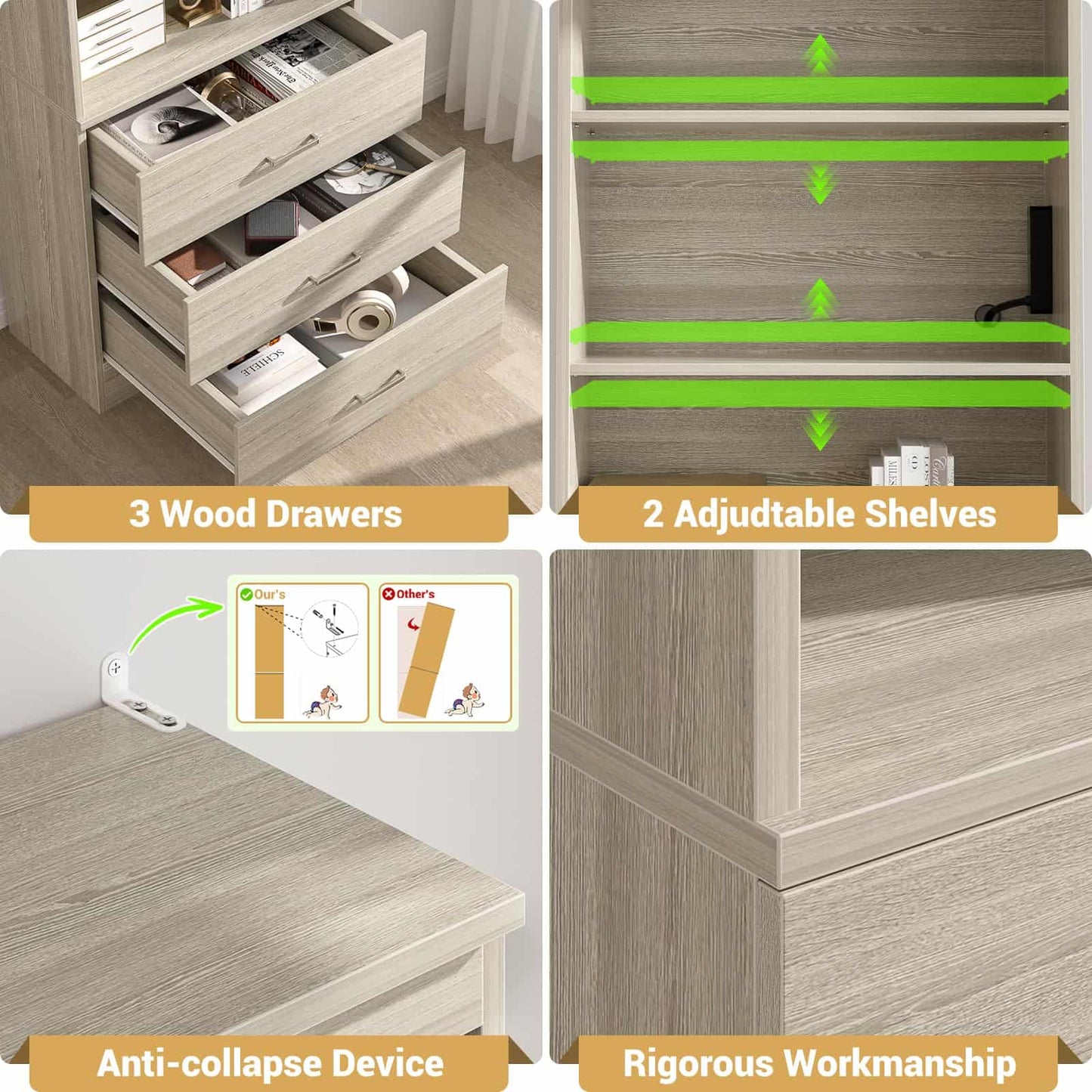 71" Tall Bookcases with 3 Large Drawers & 3 Shelves, Wooden Bookshelf for Living Room Offic