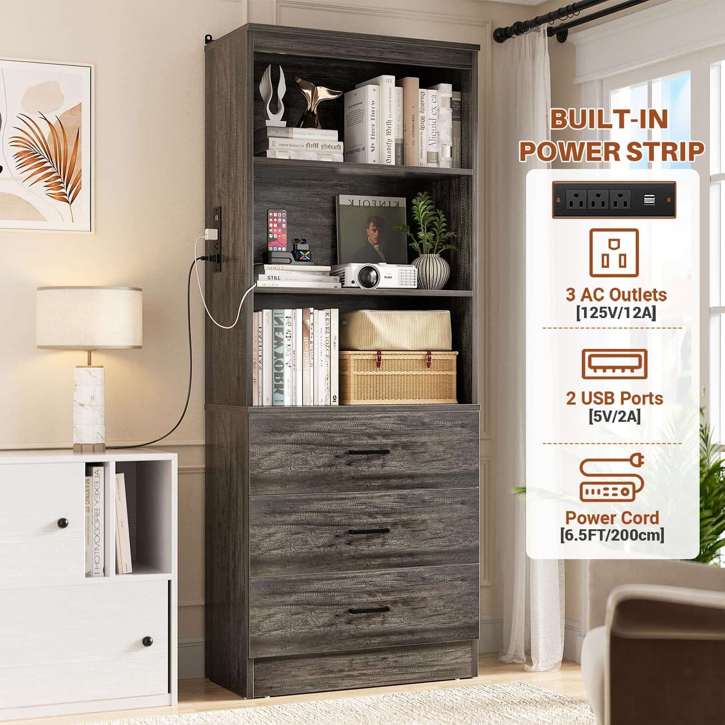 71" Tall Bookcases with 3 Large Drawers & 3 Shelves, Wooden Bookshelf for Living Room Offic