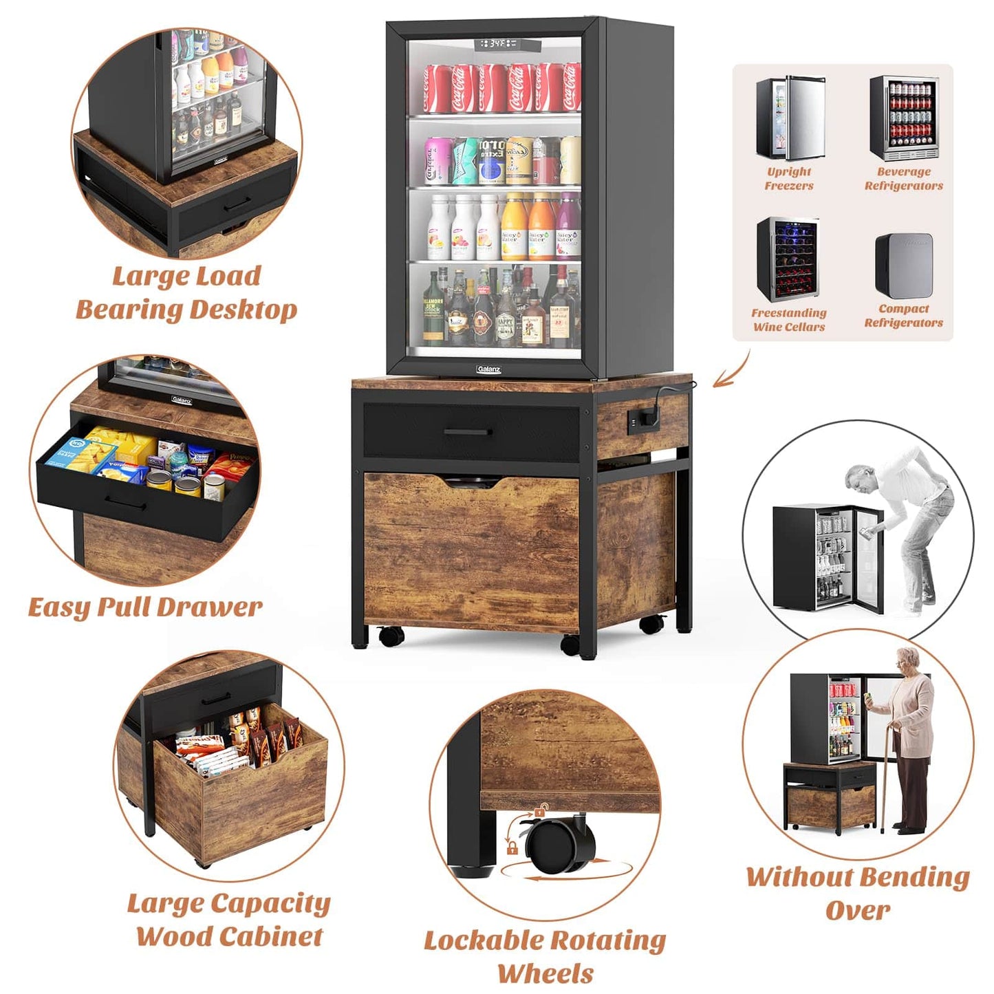 Mini Fridge Stand with Drawer Storage & Sockets, Heavy Duty Mini Refrigerator table with Rolling Cabinet