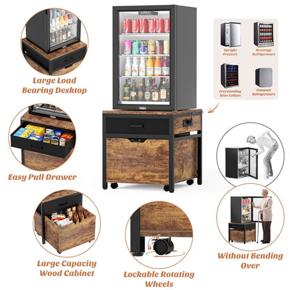 Mini Fridge Stand with Drawer Storage & Sockets, Heavy Duty Mini Refrigerator table with Rolling Cabinet