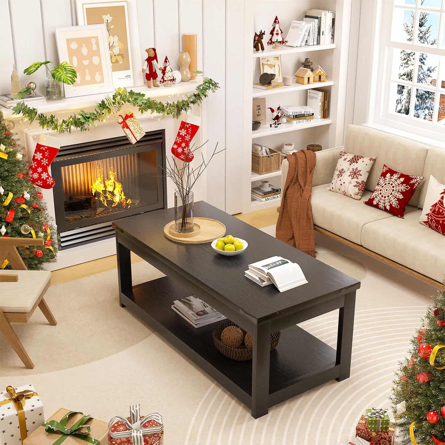 43.3” Farmhouse Wood Coffee Table with Storage Shelf, Modern Center Table for Living Room