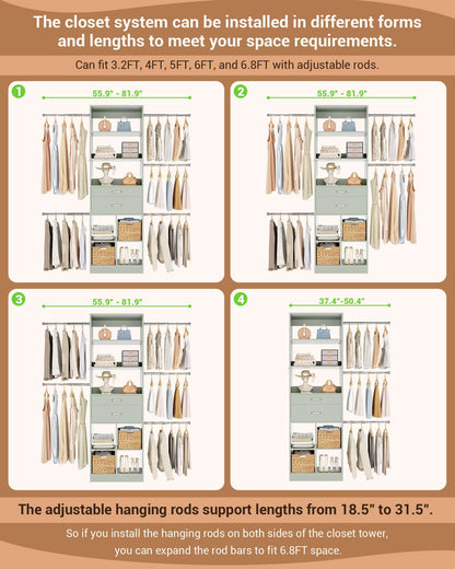 Adjustable Small Closet System, 3.2-6.8FT Expandable Closet Organizer with 2 Wooden Drawers & 5 Heavy-Duty Hanging Rods
