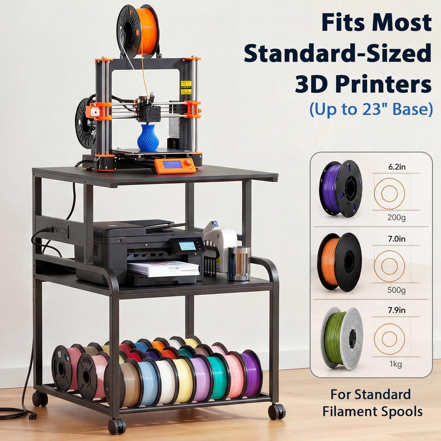 Heavy-Duty 3D Printer Rolling Cart with Power Outlet & Filament Storage, 3-Tier Adjustable Printer Stand for Home Office