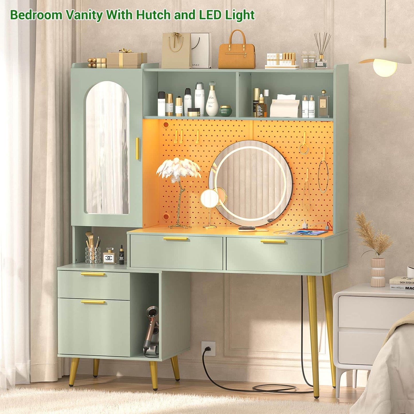 48" Makeup Vanity with Hutch, LED Lighted Mirror & Charging Station, 5 Large Drawers, Shelves, Pegboard & Cabinet