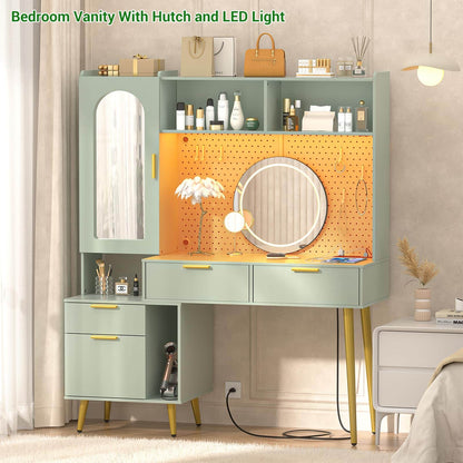 48" Makeup Vanity with Hutch, LED Lighted Mirror & Charging Station, 5 Large Drawers, Shelves, Pegboard & Cabinet