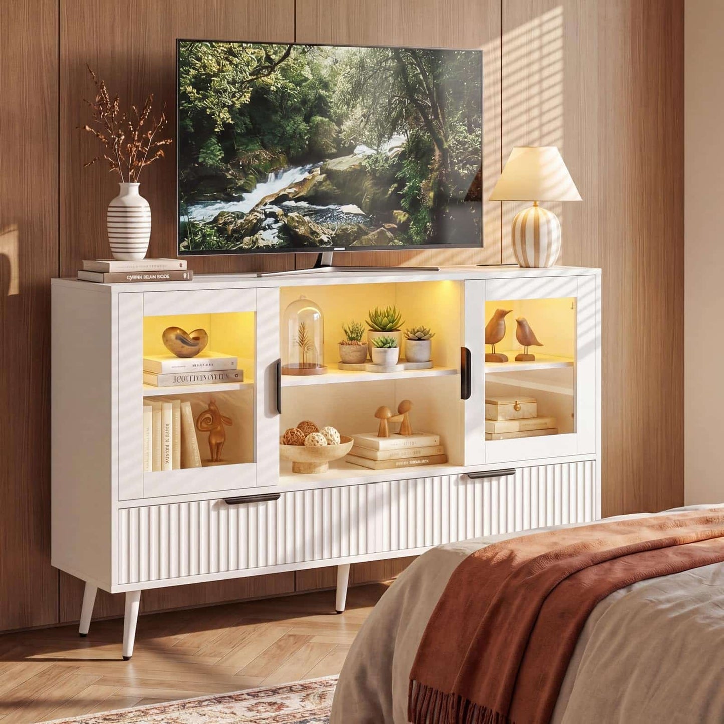 RGB LED TV Stand with Power Outlet, 45" Entertainment Center with 8 Storage Drawers & Cabinets, Vanity Storage Cabinet ,Media Console Fits 30"-55" TVs for Living Room Bedroom