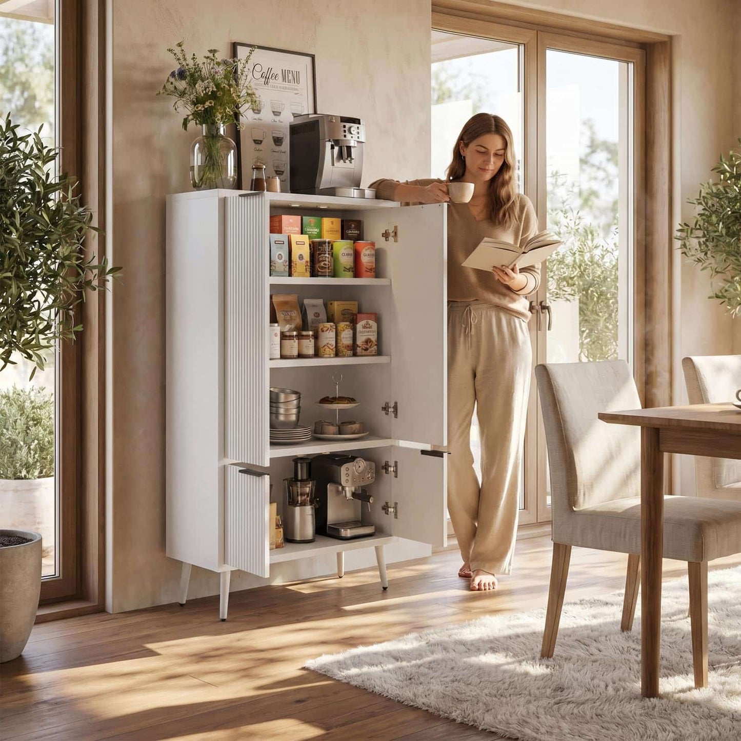 51.2" Freestanding Storage Cabinet with 4 Fluted Doors, Adjustable Shelves & Raised Legs - Wobble-Free Organizer for Bathroom, Kitchen, Living Room