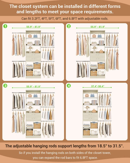 Adjustable Small Closet System, 3.2-6.8FT Expandable Closet Organizer with 2 Wooden Drawers & 5 Heavy-Duty Hanging Rods