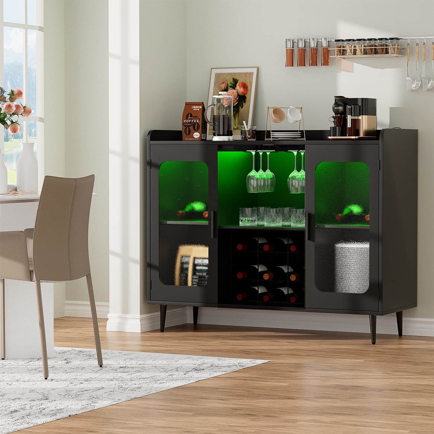 Assembled Wine Bar Cabinet with Power Outlet and LED Lights