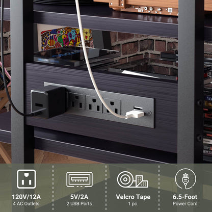 4-Tier Media Stand with Vinyl Storage, Power Outlets & LED Lights