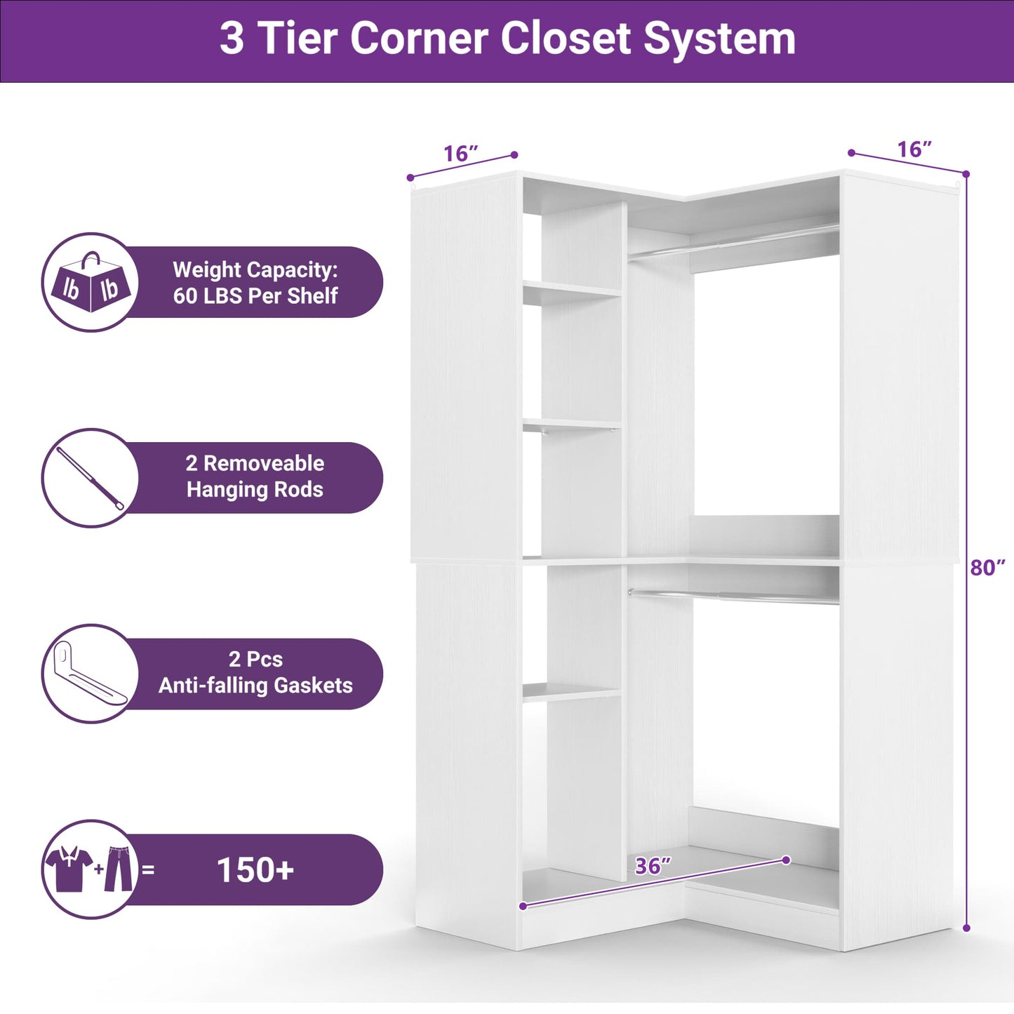 36" Corner Closet System - 2 Rods, Hutches, and 5 Shelves for Versatile Storage, Sturdy and Durable Design Armoire Closet Organizer