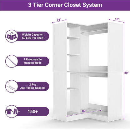 36" Corner Closet System - 2 Rods, Hutches, and 5 Shelves for Versatile Storage, Sturdy and Durable Design Armoire Closet Organizer