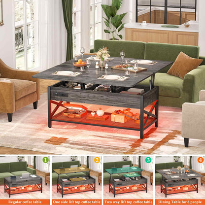 Coffee Table Lift Top with LED Light and Power Outlet, Multi-Function Coffee Table Converts to Dining Table