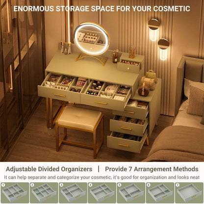 Vanity Desk with Mirror and Lights, Modern Makeup Vanity Table Set with 6 Storage Drawers and Cushioned Stool