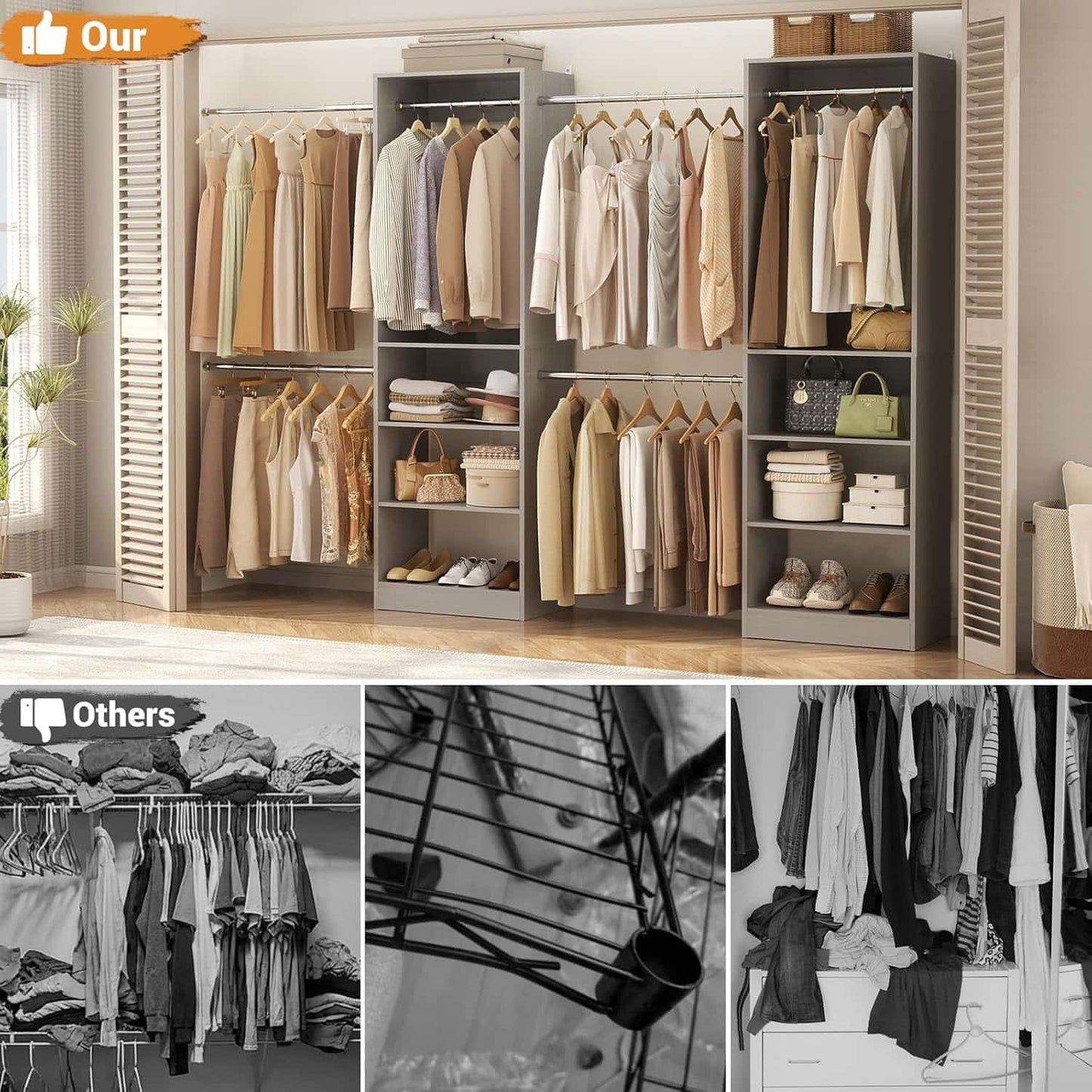 20.5-120'' W Closet Organizer System with 5 Hanging Rods, Shelving Tower