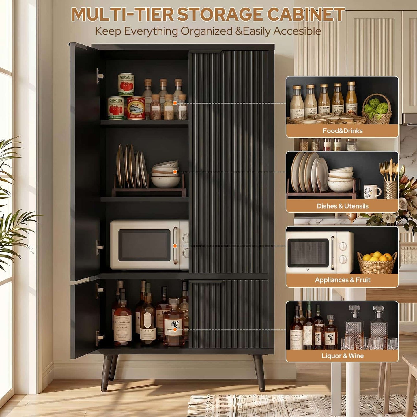 51.2" Freestanding Storage Cabinet with 4 Fluted Doors, Adjustable Shelves & Raised Legs - Wobble-Free Organizer for Bathroom, Kitchen, Living Room