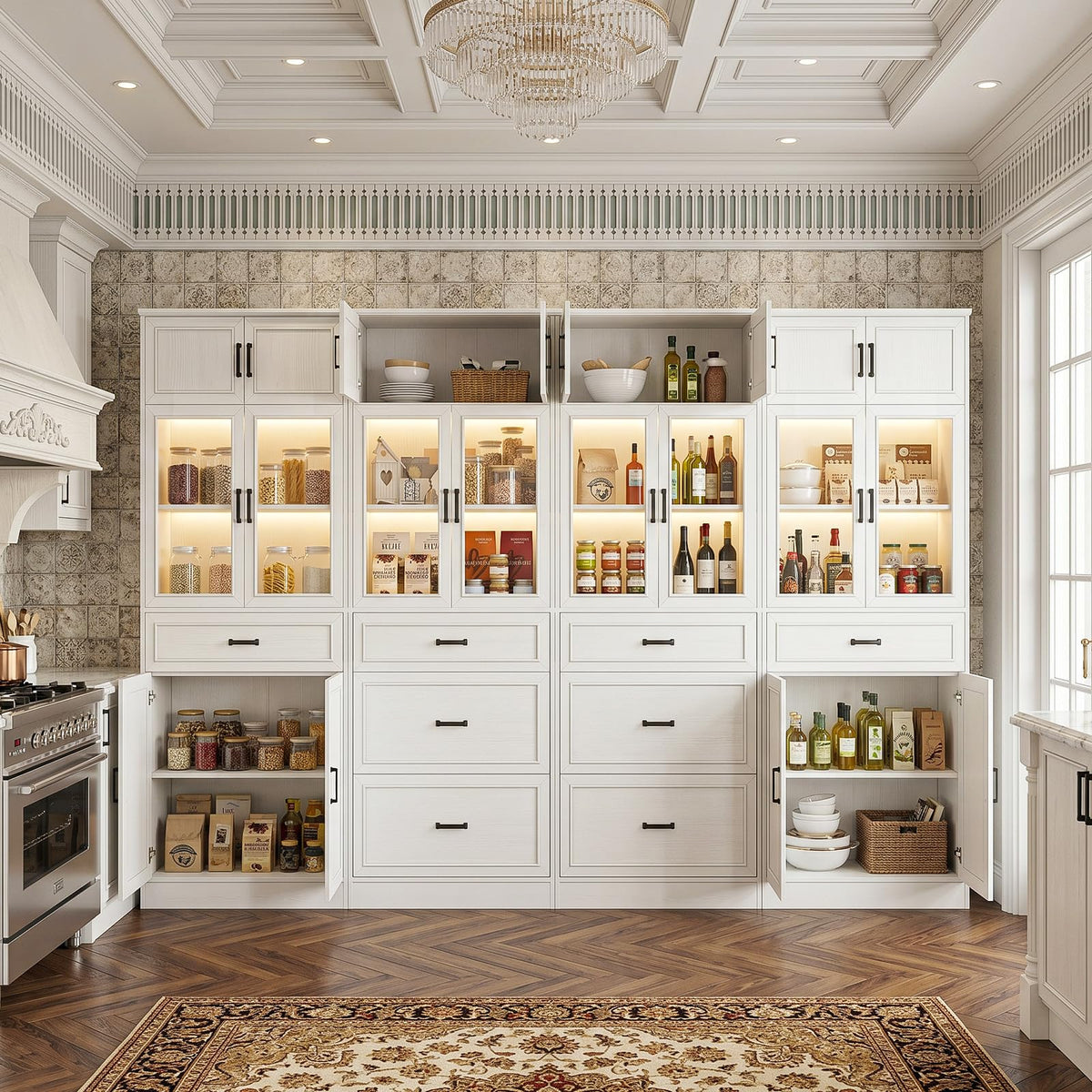 80" Tall Modular Bookshelf and Storage Cabinet Set with Glass Doors and Drawers