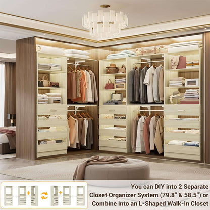 3-Piece L-Shaped Walk-in Closet Organizer System, 138.5" Wood Closet Tower with 12 Drawers & 4 Expandable Hanging Rods, Customizable Wardrobe Storage Set for Bedroom, Apartment