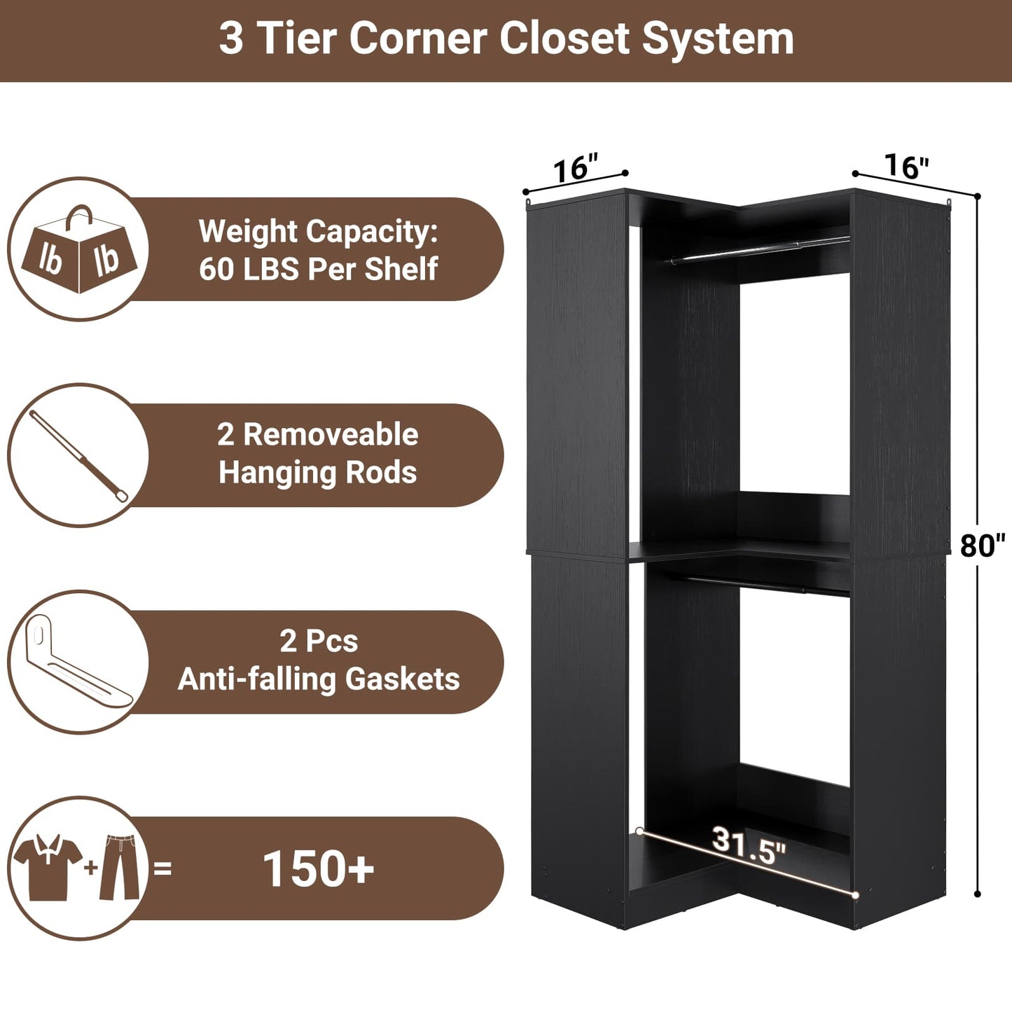 32 Inches Corner Closet System