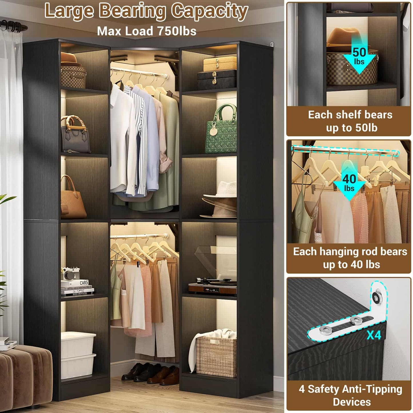Corner Closet System with 12 Shelves, 40" Large Corner Closet Organizer System with 2 Hanging Rods