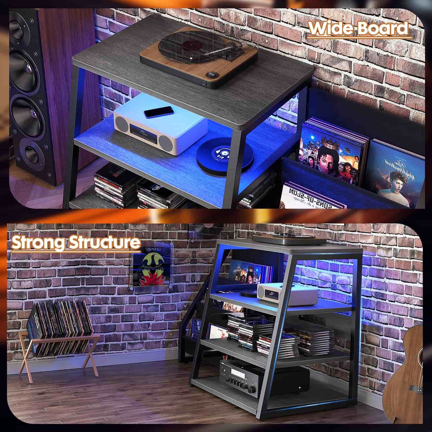 4-Tier Media Stand with Vinyl Storage, Power Outlets & LED Lights