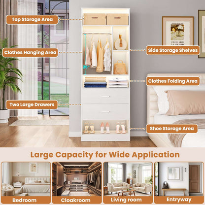 Freestanding 24" Closet System with 2 Wood Drawers, 2FT Small Closet Organizer System with 6 Shelves & Hanging Rod