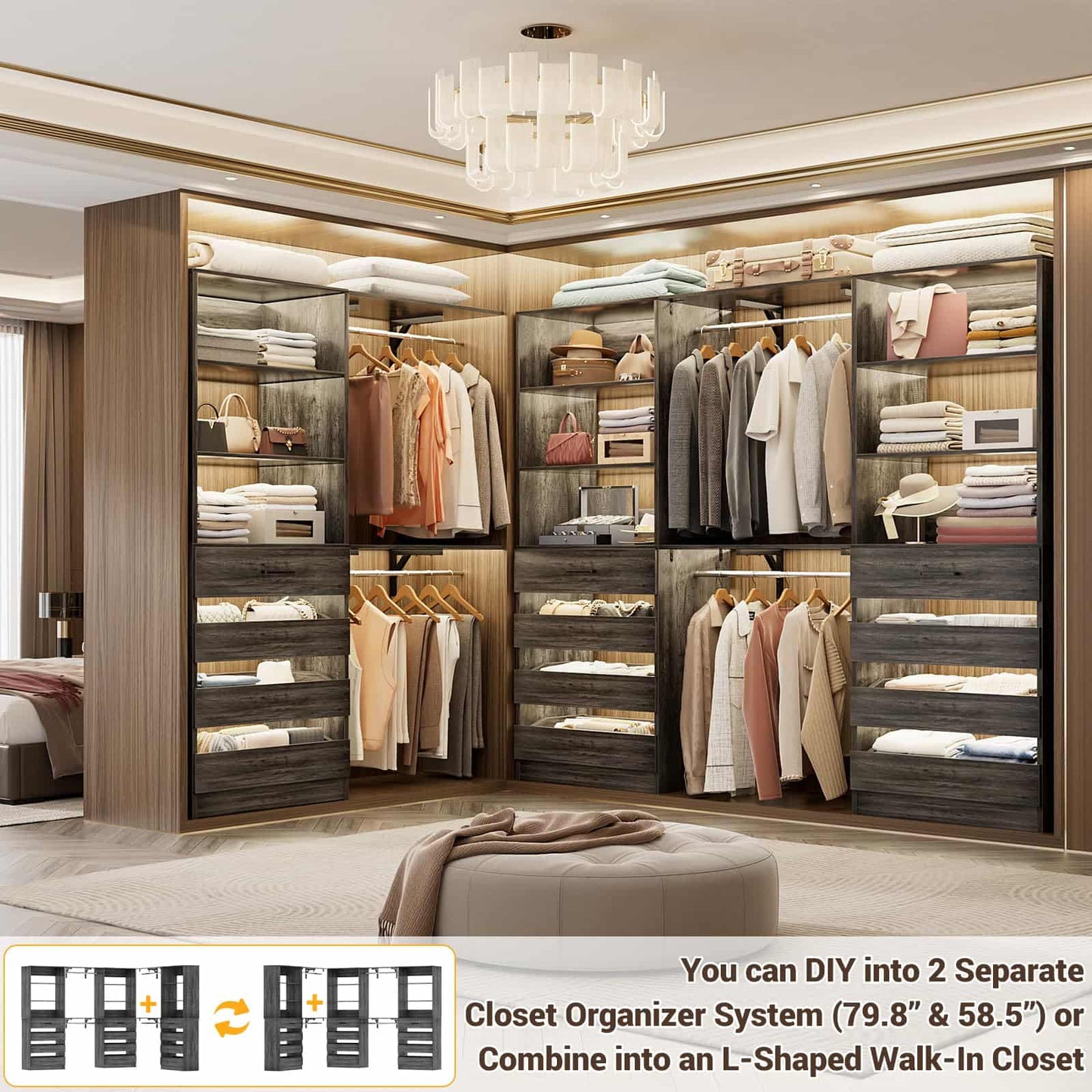 3-Piece L-Shaped Walk-in Closet Organizer System, 138.5" Wood Closet Tower with 12 Drawers & 4 Expandable Hanging Rods, Customizable Wardrobe Storage Set for Bedroom, Apartment
