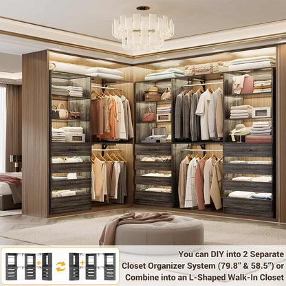 3-Piece L-Shaped Walk-in Closet Organizer System, 138.5" Wood Closet Tower with 12 Drawers & 4 Expandable Hanging Rods, Customizable Wardrobe Storage Set for Bedroom, Apartment