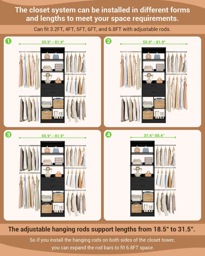 Adjustable Small Closet System, 3.2-6.8FT Expandable Closet Organizer with 2 Wooden Drawers & 5 Heavy-Duty Hanging Rods