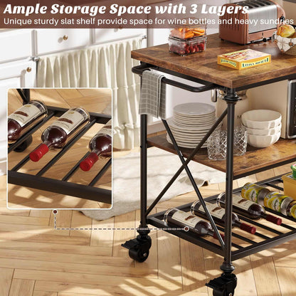 Industrial Mobile Kitchen Island Cart with Wheels: 3-Tier Storage, Lockable Casters for Kitchen, Dining & Small Spaces