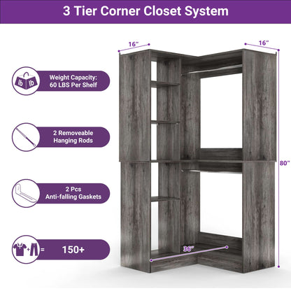 36" Corner Closet System - 2 Rods, Hutches, and 5 Shelves for Versatile Storage, Sturdy and Durable Design Armoire Closet Organizer