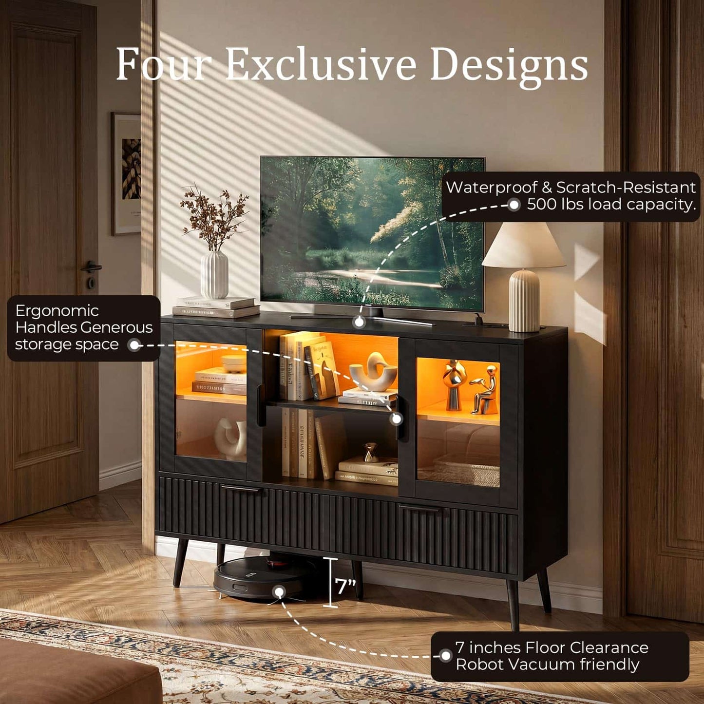 RGB LED TV Stand with Power Outlet, 45" Entertainment Center with 8 Storage Drawers & Cabinets, Vanity Storage Cabinet ,Media Console Fits 30"-55" TVs for Living Room Bedroom
