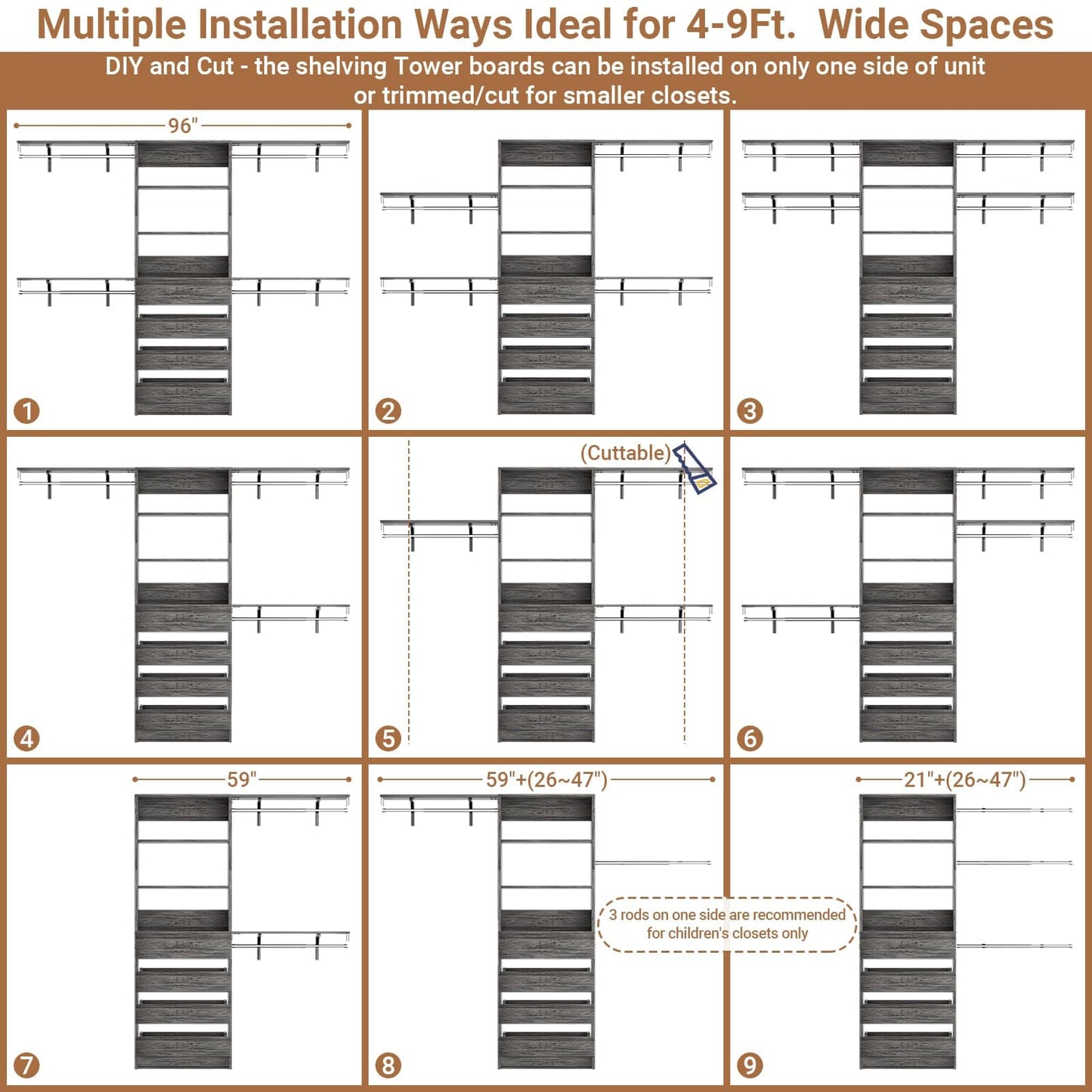 Closet System, 8FT Closet Organizer with 4 Wooden Drawers, Wood Closet Organizer System with Tower, Walk-in Closet Organizer Wardrobe