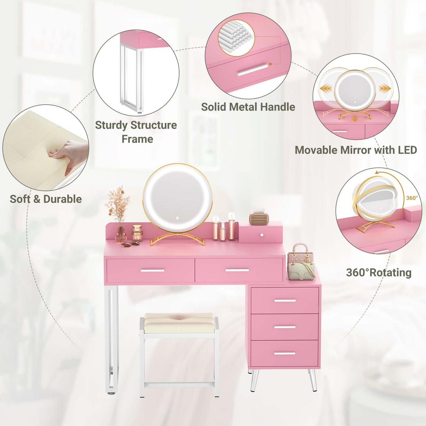 Vanity Desk with Mirror and Lights, Modern Makeup Vanity Table Set with 6 Storage Drawers and Cushioned Stool