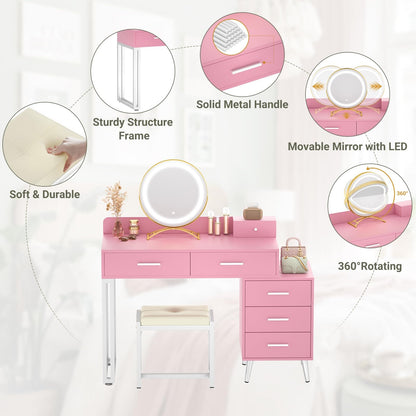 Vanity Desk with Mirror and Lights, Modern Makeup Vanity Table Set with 6 Storage Drawers and Cushioned Stool