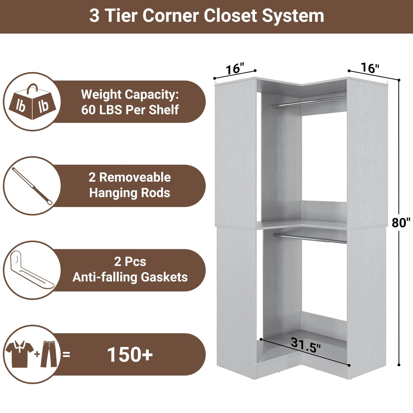32 Inches Corner Closet System