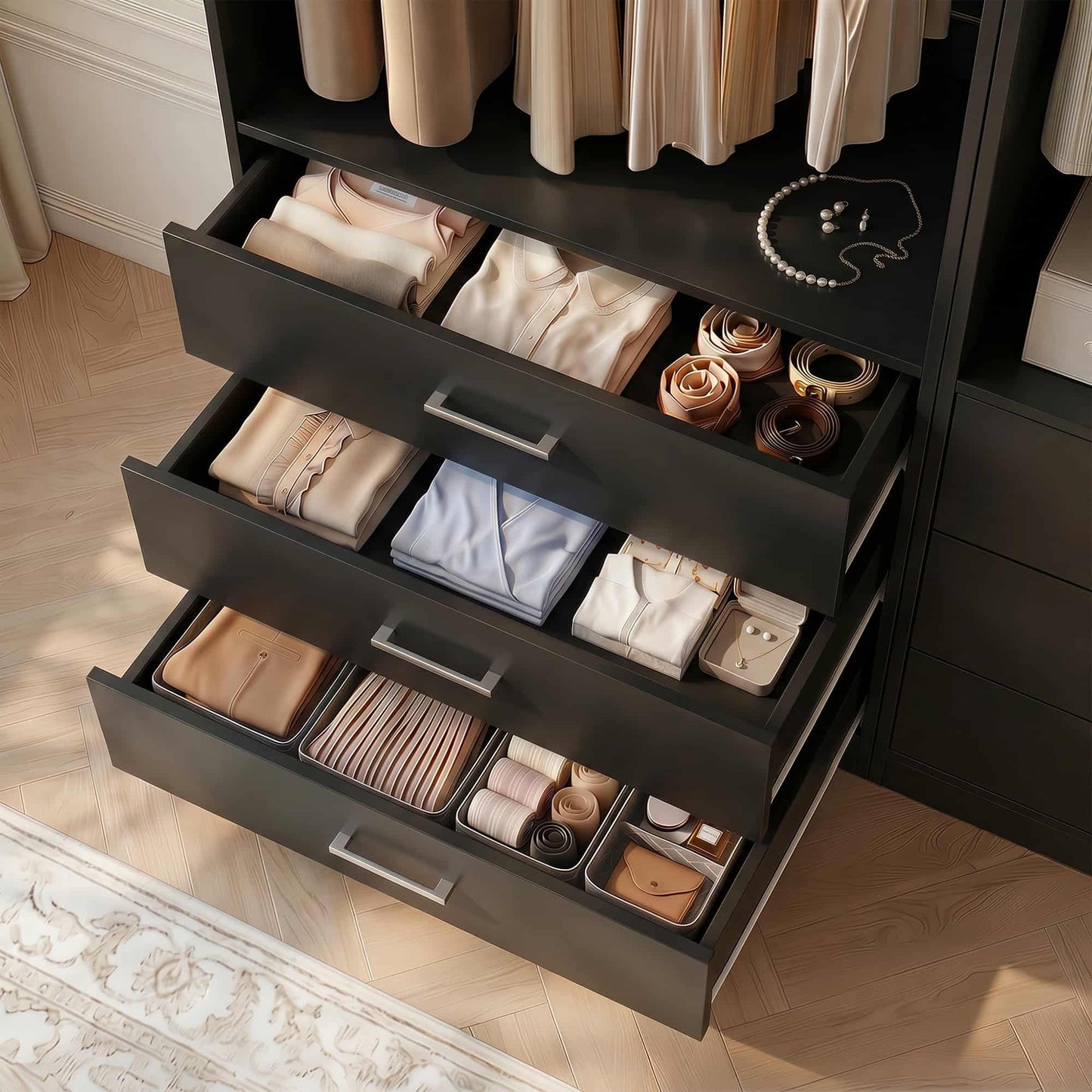 Freestanding Closet System Set - 3-Pack with 3 Wood Drawers Each,With Hanging Rod & Shelves, 24"L x 15"W x 80"H